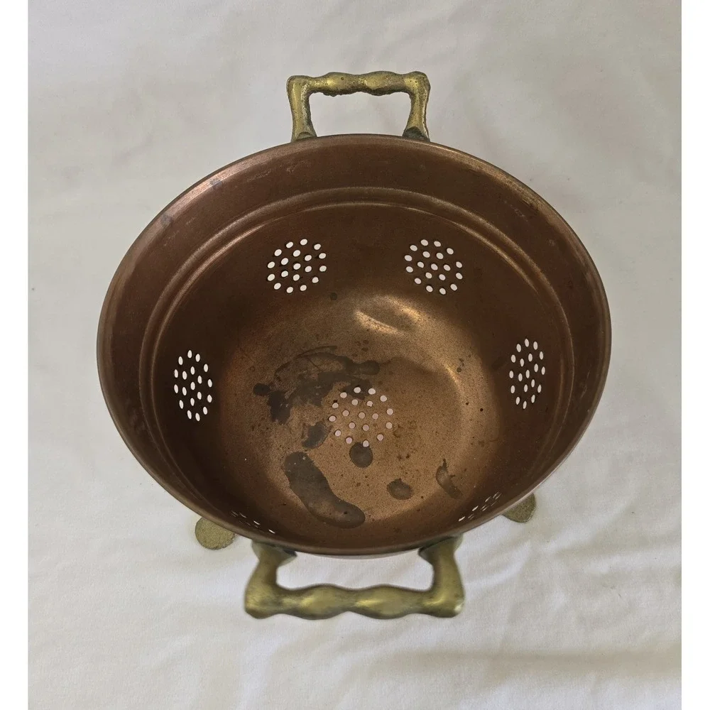 Vintage Small Copper Footed Colander Berry Strainer Brass Feet Cottage Farmhouse